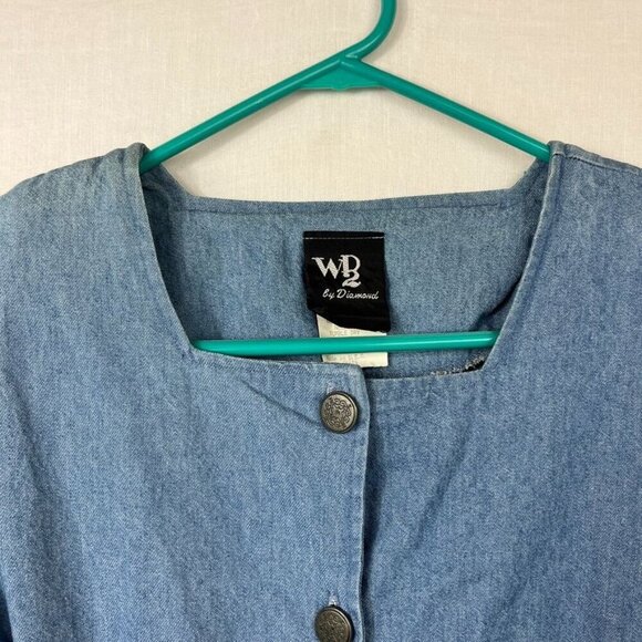 Vintage 90s Full Button Denim Sheath Dress Womens M Square Neck Boho Mom USA - Picture 3 of 13